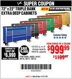 Harbor Freight Coupon US GENERAL 72" X 22" TRIPLE BANK EXTRA DEEP CABINET Lot No. 61656/64167/64003/64004 Expired: 11/17/19 - $999.99