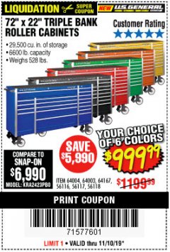 Harbor Freight Coupon US GENERAL 72" X 22" TRIPLE BANK EXTRA DEEP CABINET Lot No. 61656/64167/64003/64004 Expired: 11/10/19 - $999.99