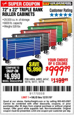 Harbor Freight Coupon US GENERAL 72" X 22" TRIPLE BANK EXTRA DEEP CABINET Lot No. 61656/64167/64003/64004 Expired: 12/31/19 - $999