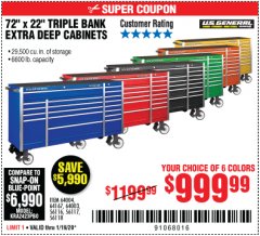 Harbor Freight Coupon US GENERAL 72" X 22" TRIPLE BANK EXTRA DEEP CABINET Lot No. 61656/64167/64003/64004 Expired: 1/19/20 - $999.99