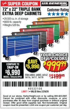 Harbor Freight Coupon US GENERAL 72" X 22" TRIPLE BANK EXTRA DEEP CABINET Lot No. 61656/64167/64003/64004 Expired: 2/29/20 - $999.99