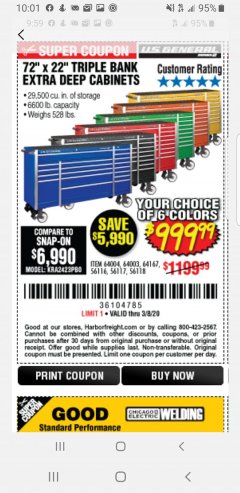 Harbor Freight Coupon US GENERAL 72" X 22" TRIPLE BANK EXTRA DEEP CABINET Lot No. 61656/64167/64003/64004 Expired: 2/8/20 - $999.99