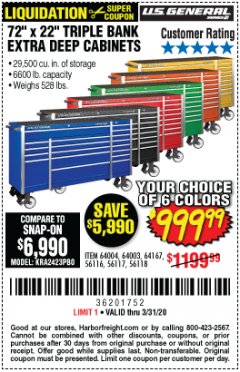 Harbor Freight Coupon US GENERAL 72" X 22" TRIPLE BANK EXTRA DEEP CABINET Lot No. 61656/64167/64003/64004 Expired: 3/31/20 - $999.99
