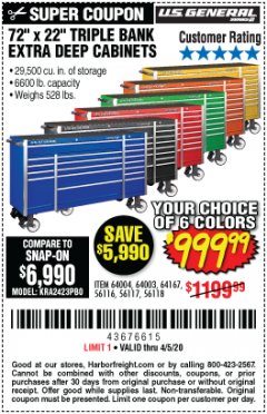 Harbor Freight Coupon US GENERAL 72" X 22" TRIPLE BANK EXTRA DEEP CABINET Lot No. 61656/64167/64003/64004 Expired: 6/30/20 - $999.99