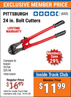 Harbor Freight ITC Coupon 24" BOLT CUTTERS Lot No. 60699/41149 Expired: 10/31/20 - $11.99