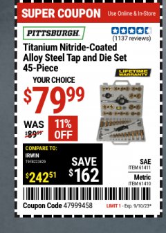 Harbor Freight Coupon 45 PIECE TITANIUM NITRIDE COATED ALLOY STEEL TAP AND DIE SETS Lot No. 61411/60685/60676/61410 Expired: 9/10/23 - $79.99