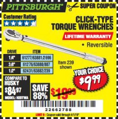 Harbor Freight Coupon TORQUE WRENCHES Lot No. 2696/61277/807/61276/239/62431 Expired: 4/1/19 - $9.99