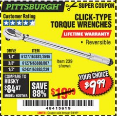Harbor Freight Coupon TORQUE WRENCHES Lot No. 2696/61277/807/61276/239/62431 Expired: 5/4/19 - $9.99