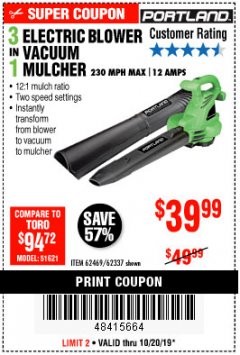 Harbor Freight Coupon 3 IN 1 ELECTRIC BLOWER VACUUM MULCHER Lot No. 62469/62337 Expired: 10/20/19 - $39.99