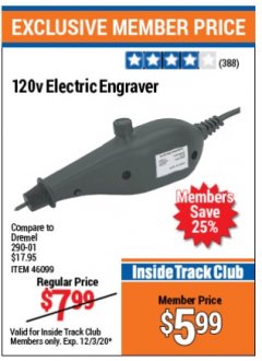 Harbor Freight ITC Coupon 120 VOLT ELECTRIC ENGRAVER Lot No. 46099/63174 Expired: 12/3/20 - $5.99