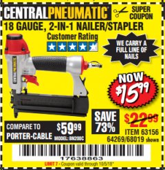 Harbor Freight Coupon 18 GAUGE 2-IN-1 NAILER/STAPLER Lot No. 68019/61661/63156 Expired: 10/5/18 - $15.99