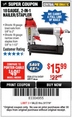 Harbor Freight Coupon 18 GAUGE 2-IN-1 NAILER/STAPLER Lot No. 68019/61661/63156 Expired: 3/17/19 - $15.99