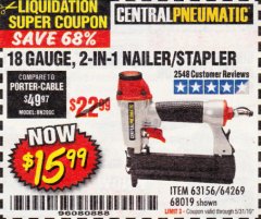 Harbor Freight Coupon 18 GAUGE 2-IN-1 NAILER/STAPLER Lot No. 68019/61661/63156 Expired: 5/31/19 - $15.99