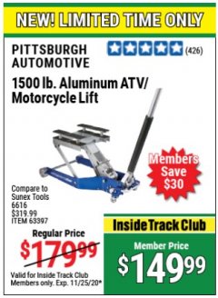 Harbor Freight Coupon 1500 LB. CAPACITY LIGHTWEIGHT ALUMINUM MOTORCYCLE LIFT Lot No. 63397 Expired: 11/25/20 - $149.99