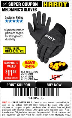 Harbor Freight ITC Coupon MECHANIC'S GLOVES Lot No. 62434/62426/62433/62432/62429/64178/64179/62428 Expired: 1/10/19 - $4.99