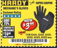 Harbor Freight Coupon MECHANIC'S GLOVES Lot No. 62434/62426/62433/62432/62429/64178/64179/62428 Expired: 8/27/18 - $3.99