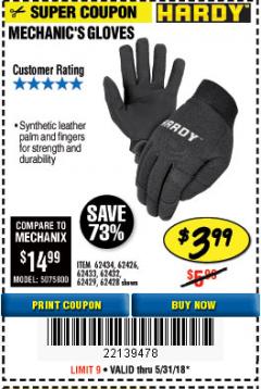 Harbor Freight Coupon MECHANIC'S GLOVES Lot No. 62434/62426/62433/62432/62429/64178/64179/62428 Expired: 5/31/18 - $3.99