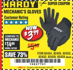 Harbor Freight Coupon MECHANIC'S GLOVES Lot No. 62434/62426/62433/62432/62429/64178/64179/62428 Expired: 10/1/18 - $3.99