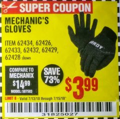 Harbor Freight Coupon MECHANIC'S GLOVES Lot No. 62434/62426/62433/62432/62429/64178/64179/62428 Expired: 7/15/18 - $3.99