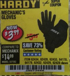Harbor Freight Coupon MECHANIC'S GLOVES Lot No. 62434/62426/62433/62432/62429/64178/64179/62428 Expired: 11/1/18 - $3.99