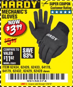 Harbor Freight Coupon MECHANIC'S GLOVES Lot No. 62434/62426/62433/62432/62429/64178/64179/62428 Expired: 12/9/18 - $3.99