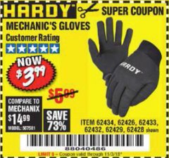 Harbor Freight Coupon MECHANIC'S GLOVES Lot No. 62434/62426/62433/62432/62429/64178/64179/62428 Expired: 11/3/18 - $3.99