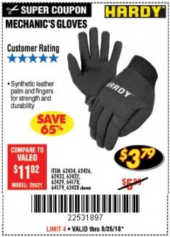 Harbor Freight Coupon MECHANIC'S GLOVES Lot No. 62434/62426/62433/62432/62429/64178/64179/62428 Expired: 8/26/18 - $3.79