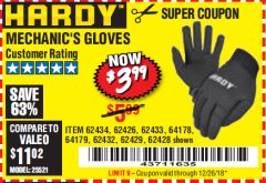 Harbor Freight Coupon MECHANIC'S GLOVES Lot No. 62434/62426/62433/62432/62429/64178/64179/62428 Expired: 12/26/18 - $3.99