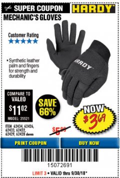 Harbor Freight Coupon MECHANIC'S GLOVES Lot No. 62434/62426/62433/62432/62429/64178/64179/62428 Expired: 9/30/18 - $3.69