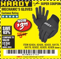 Harbor Freight Coupon MECHANIC'S GLOVES Lot No. 62434/62426/62433/62432/62429/64178/64179/62428 Expired: 11/30/18 - $3.99