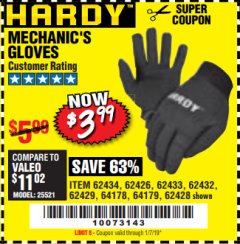 Harbor Freight Coupon MECHANIC'S GLOVES Lot No. 62434/62426/62433/62432/62429/64178/64179/62428 Expired: 1/7/19 - $3.99
