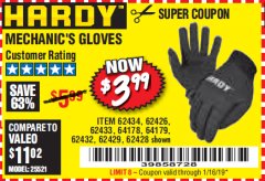 Harbor Freight Coupon MECHANIC'S GLOVES Lot No. 62434/62426/62433/62432/62429/64178/64179/62428 Expired: 1/16/19 - $3.99