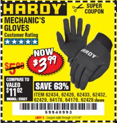 Harbor Freight Coupon MECHANIC'S GLOVES Lot No. 62434/62426/62433/62432/62429/64178/64179/62428 Expired: 1/11/19 - $3.99