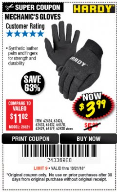 Harbor Freight Coupon MECHANIC'S GLOVES Lot No. 62434/62426/62433/62432/62429/64178/64179/62428 Expired: 10/21/18 - $3.99