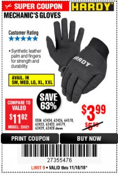 Harbor Freight Coupon MECHANIC'S GLOVES Lot No. 62434/62426/62433/62432/62429/64178/64179/62428 Expired: 11/18/18 - $3.99