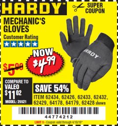 Harbor Freight Coupon MECHANIC'S GLOVES Lot No. 62434/62426/62433/62432/62429/64178/64179/62428 Expired: 4/18/19 - $4.99