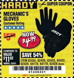 Harbor Freight Coupon MECHANIC'S GLOVES Lot No. 62434/62426/62433/62432/62429/64178/64179/62428 Expired: 5/22/19 - $4.99