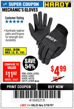 Harbor Freight Coupon MECHANIC'S GLOVES Lot No. 62434/62426/62433/62432/62429/64178/64179/62428 Expired: 2/10/19 - $4.99