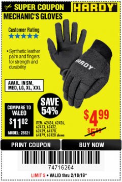 Harbor Freight Coupon MECHANIC'S GLOVES Lot No. 62434/62426/62433/62432/62429/64178/64179/62428 Expired: 2/24/19 - $4.99
