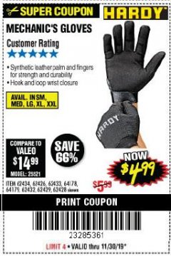 Harbor Freight Coupon MECHANIC'S GLOVES Lot No. 62434/62426/62433/62432/62429/64178/64179/62428 Expired: 11/30/19 - $4.99