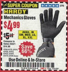 Harbor Freight Coupon MECHANIC'S GLOVES Lot No. 62434/62426/62433/62432/62429/64178/64179/62428 Expired: 7/31/20 - $4.99